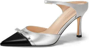 Coutgo Womens High Heels Bow Mules Stiletto Slip on Two Tone Ankle Strap Pumps Closed Pointed Toe Sandals Dress Shoes