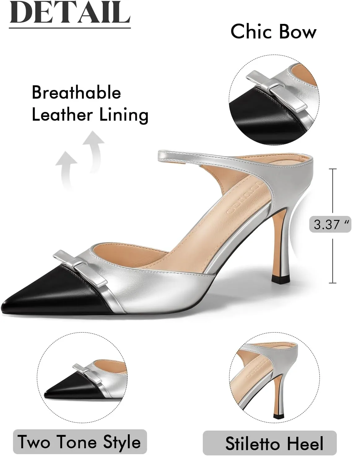 Coutgo Womens High Heels Bow Mules Stiletto Slip on Two Tone Ankle Strap Pumps Closed Pointed Toe Sandals Dress Shoes