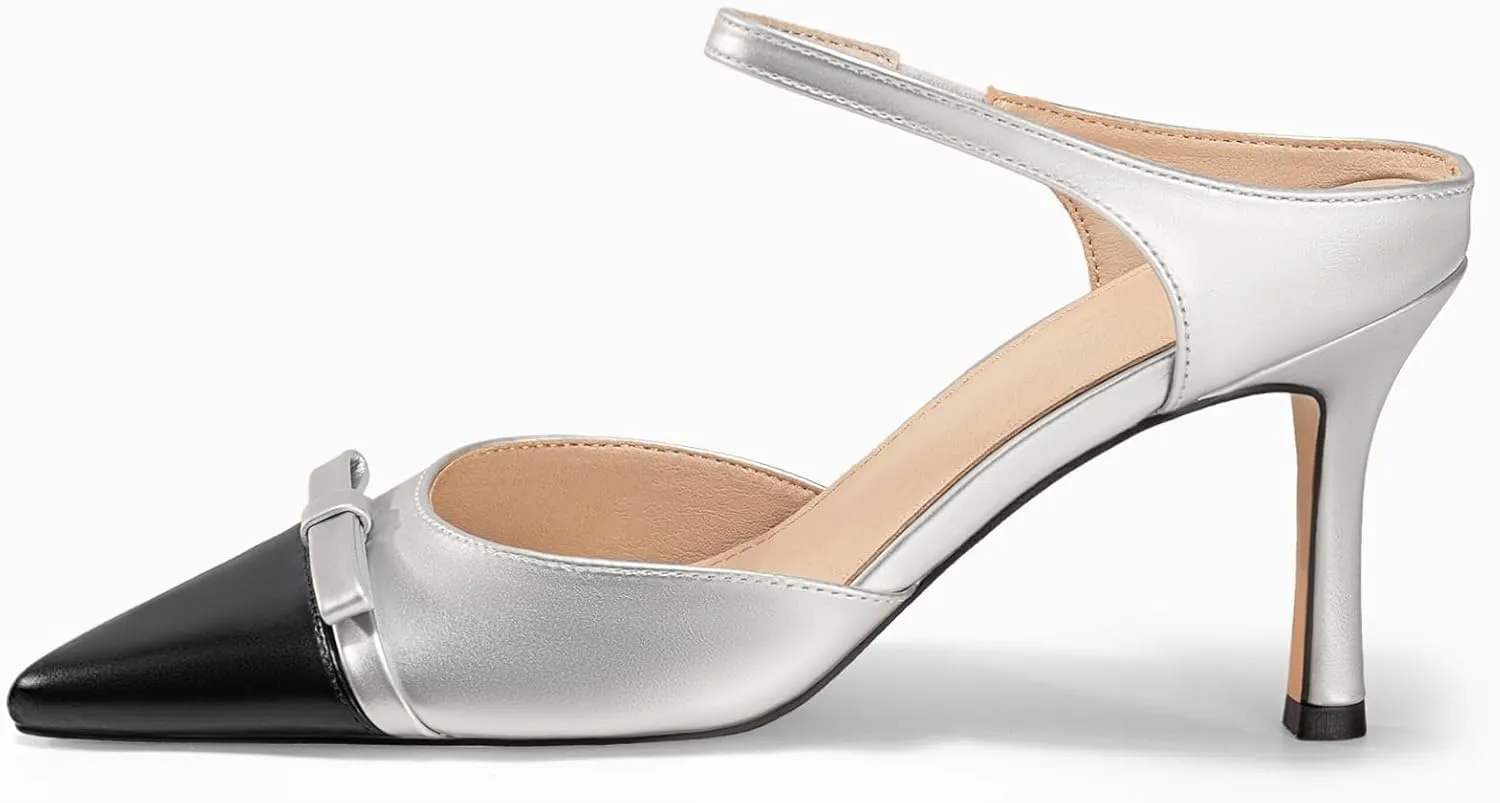 Coutgo Womens High Heels Bow Mules Stiletto Slip on Two Tone Ankle Strap Pumps Closed Pointed Toe Sandals Dress Shoes