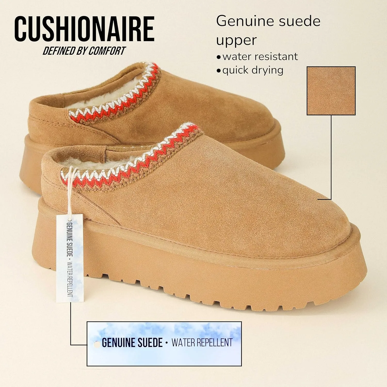 CUSHIONAIRE Kabuki Platform Boots Genuine Suede Fuzzy Mule Slippers for Women with Memory Foam | Indoor/Outdoor Womens Slippers | Wide Widths Available