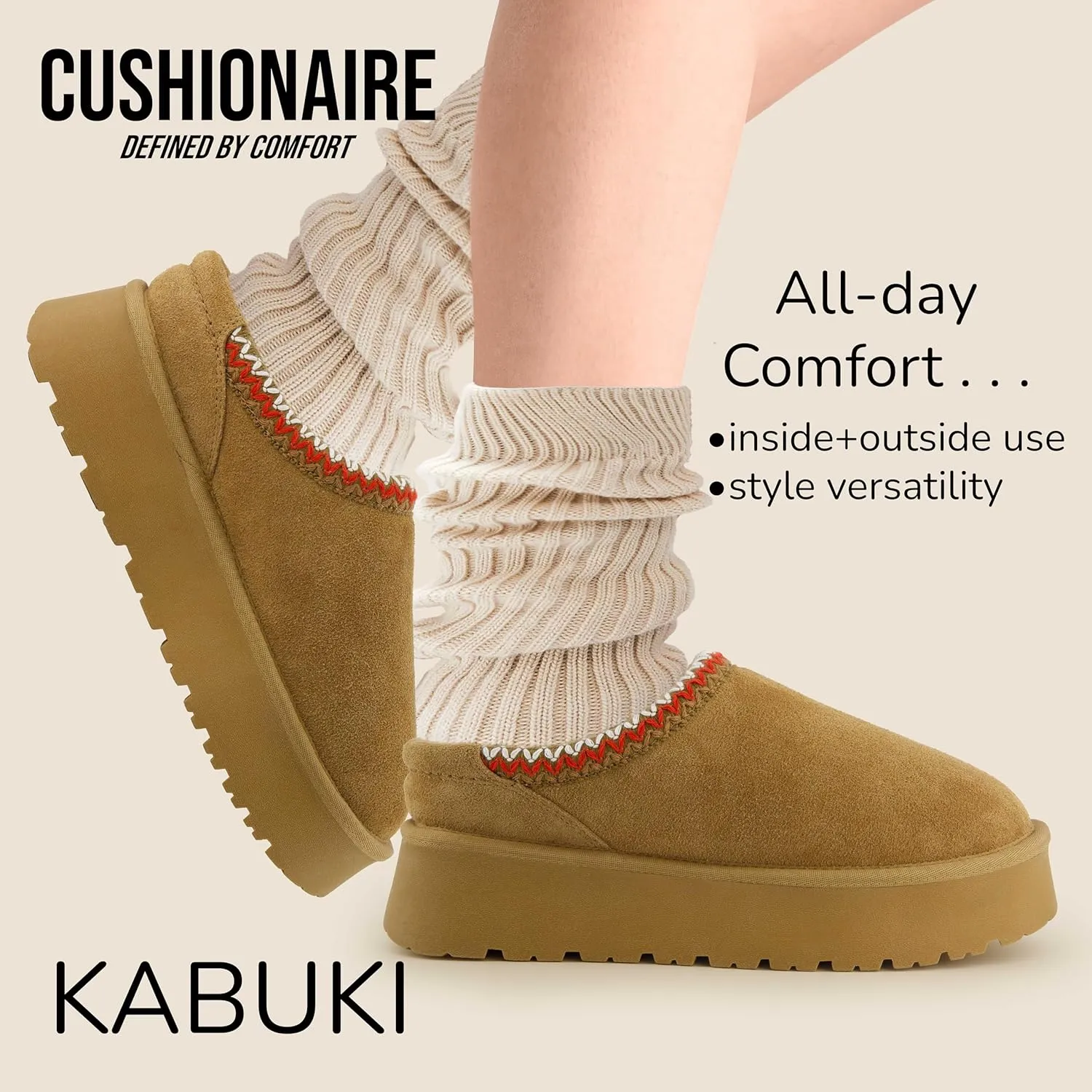 CUSHIONAIRE Kabuki Platform Boots Genuine Suede Fuzzy Mule Slippers for Women with Memory Foam | Indoor/Outdoor Womens Slippers | Wide Widths Available