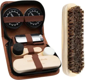 Deluxe Portable 7pc Shoe Shine Kit - Genuine Horsehair Brush, Black & White Shoe Polish - Suede & Leather Cleaning Kit for Sneakers, Boots