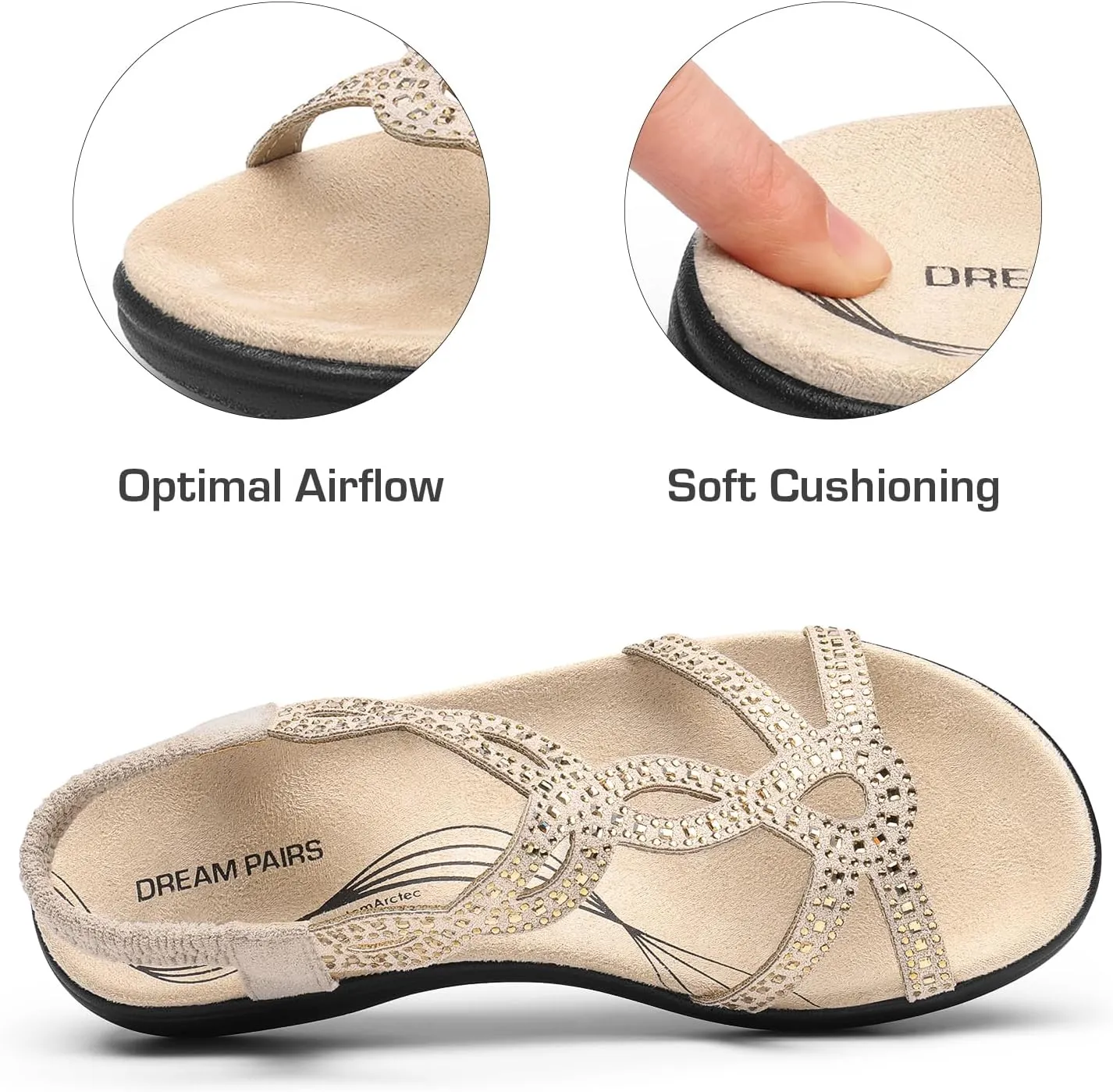 DREAM PAIRS Women's Comfort Dressy Rhinestone Summer Beach Sandals Slip-on Flat Walking Orthopedic Sandals with Elastica Back Strap