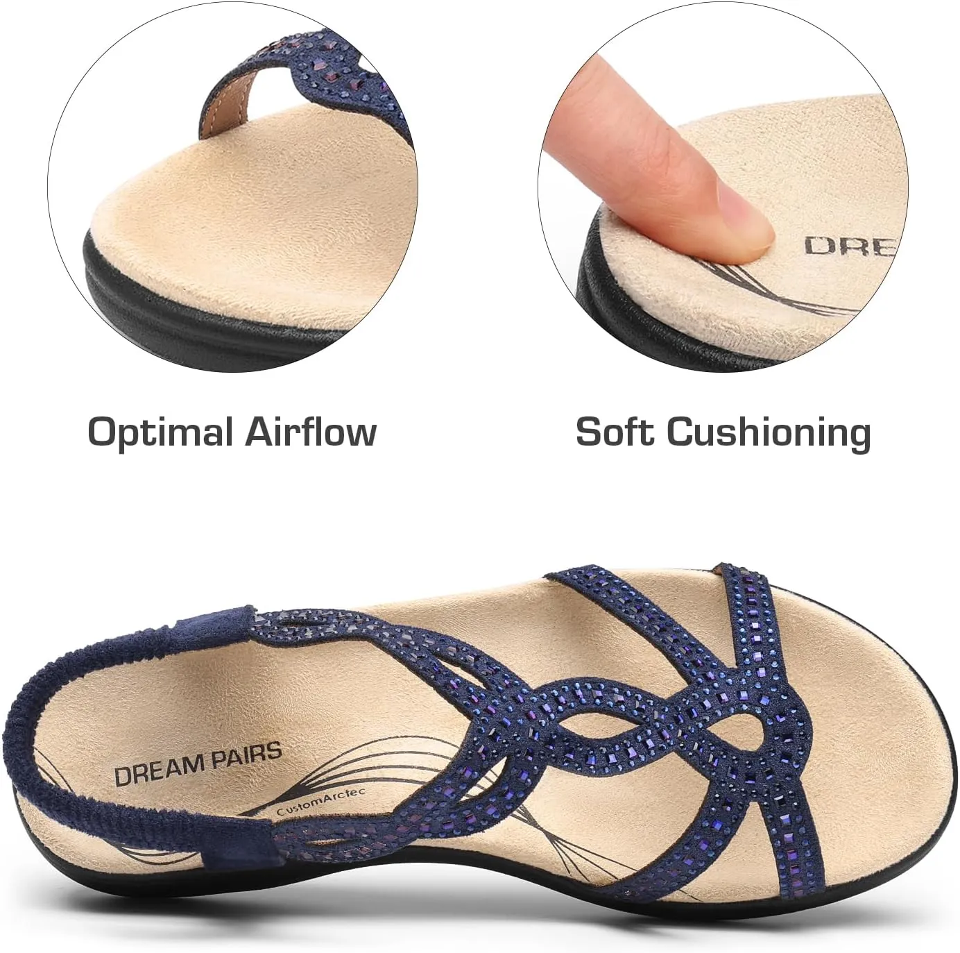 DREAM PAIRS Women's Comfort Dressy Rhinestone Summer Beach Sandals Slip-on Flat Walking Orthopedic Sandals with Elastica Back Strap
