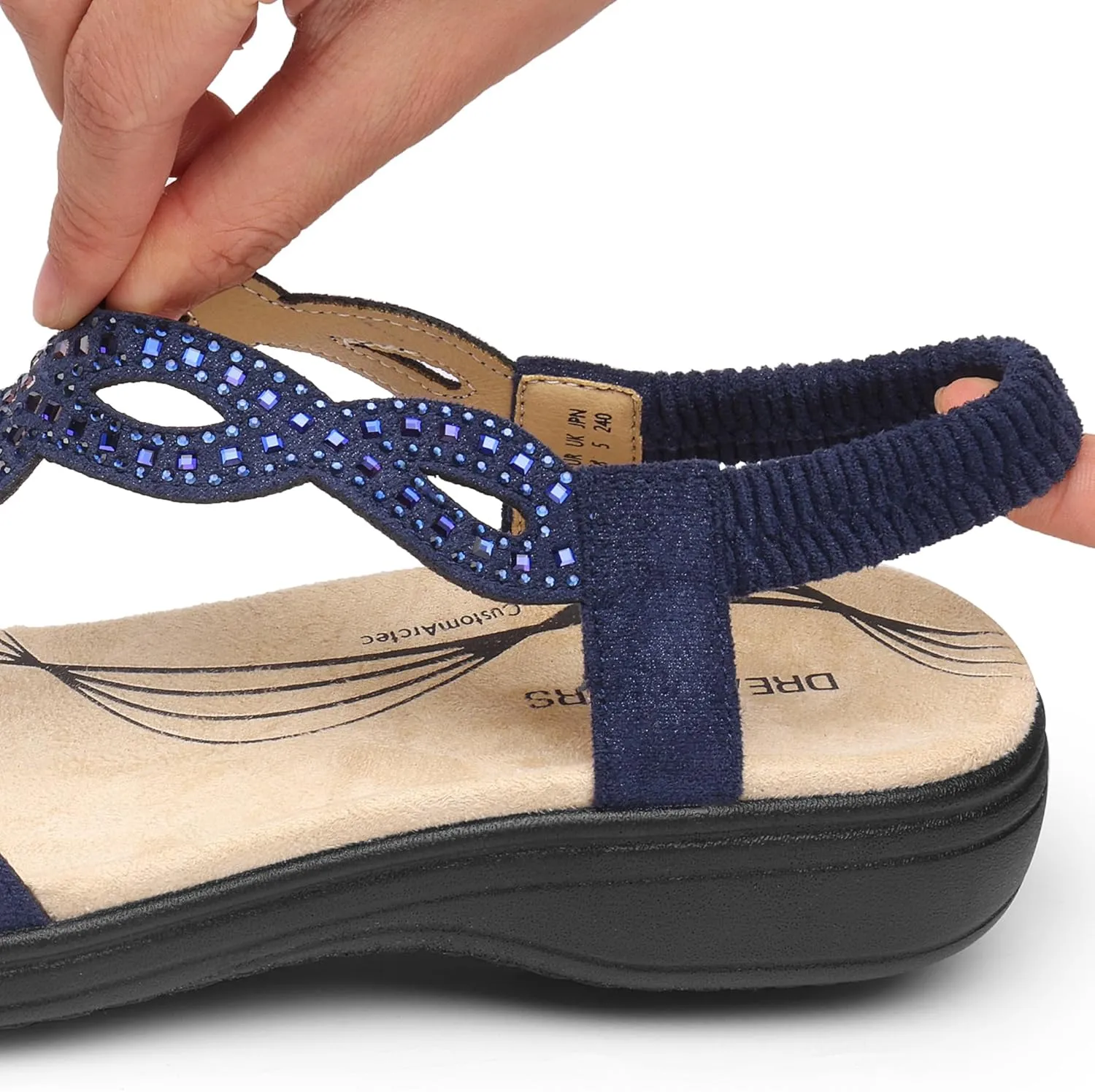 DREAM PAIRS Women's Comfort Dressy Rhinestone Summer Beach Sandals Slip-on Flat Walking Orthopedic Sandals with Elastica Back Strap
