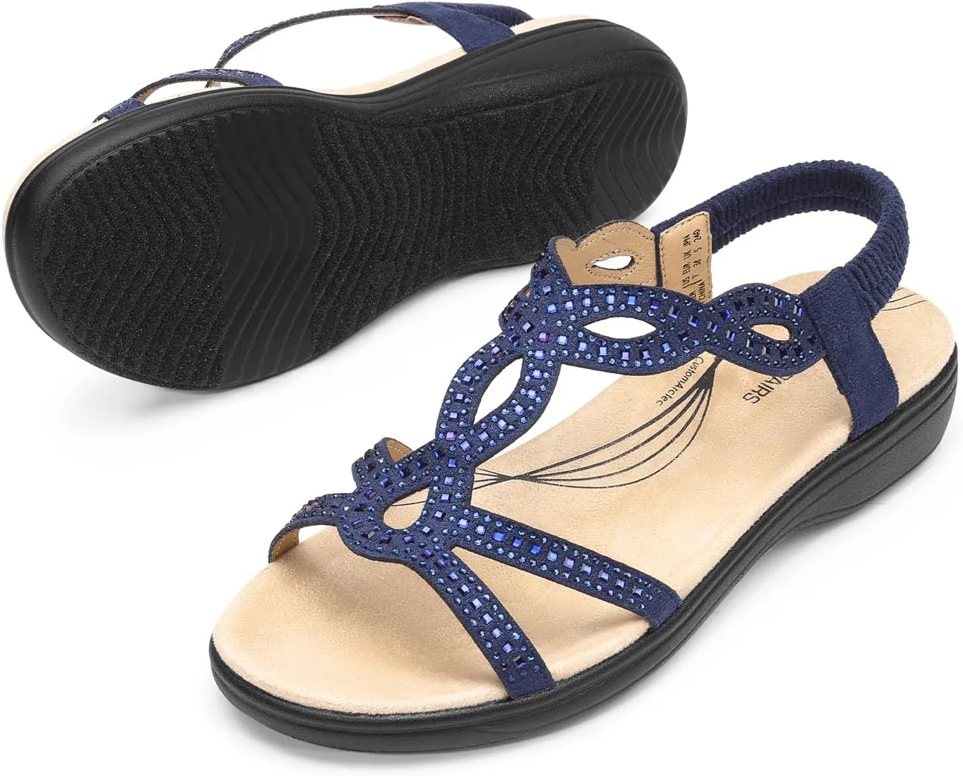DREAM PAIRS Women's Comfort Dressy Rhinestone Summer Beach Sandals Slip-on Flat Walking Orthopedic Sandals with Elastica Back Strap
