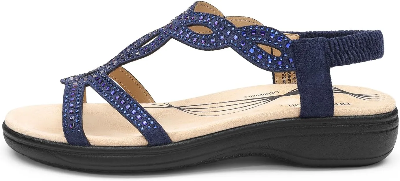 DREAM PAIRS Women's Comfort Dressy Rhinestone Summer Beach Sandals Slip-on Flat Walking Orthopedic Sandals with Elastica Back Strap