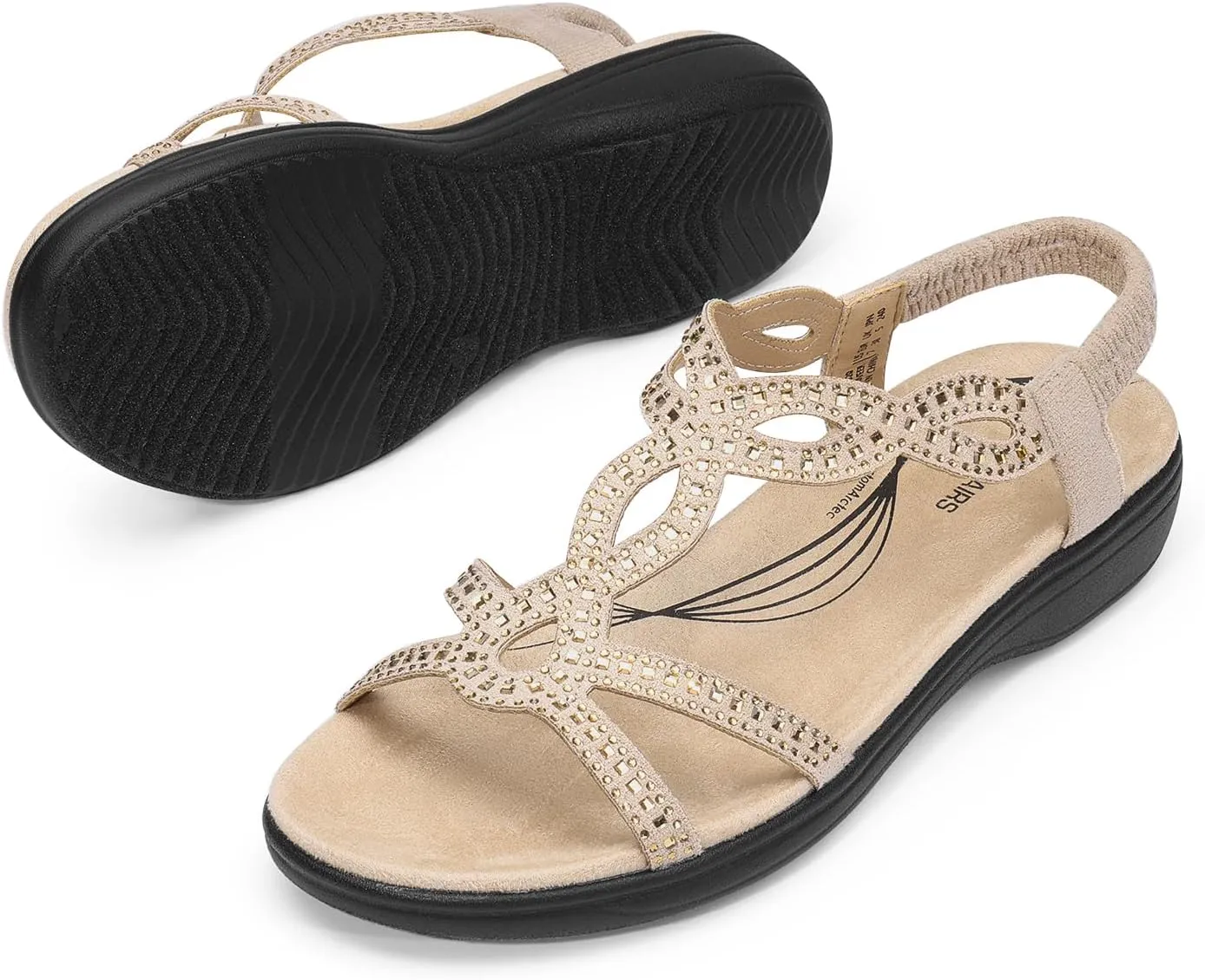 DREAM PAIRS Women's Comfort Dressy Rhinestone Summer Beach Sandals Slip-on Flat Walking Orthopedic Sandals with Elastica Back Strap