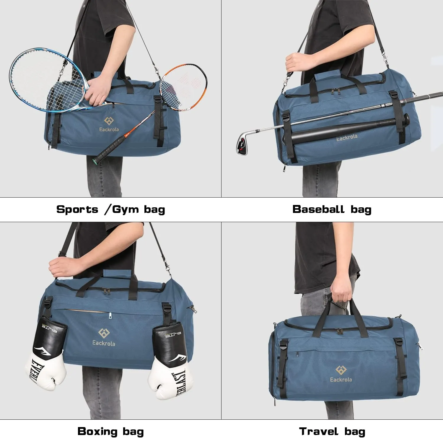 Eackrola Large Sports Gym Bag, Travel Duffel bag with Wet Pocket & Shoes Compartment for men women, 65L, Lightweight
