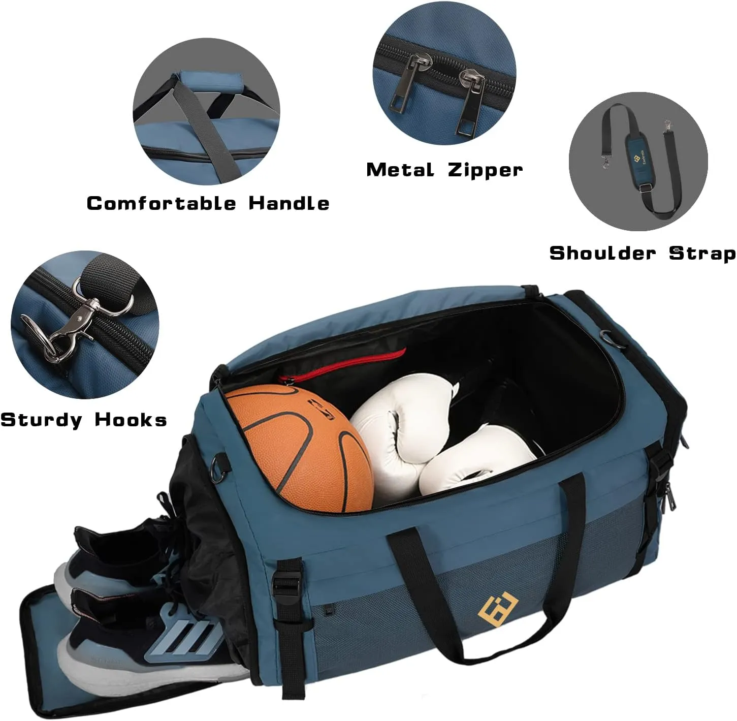 Eackrola Large Sports Gym Bag, Travel Duffel bag with Wet Pocket & Shoes Compartment for men women, 65L, Lightweight