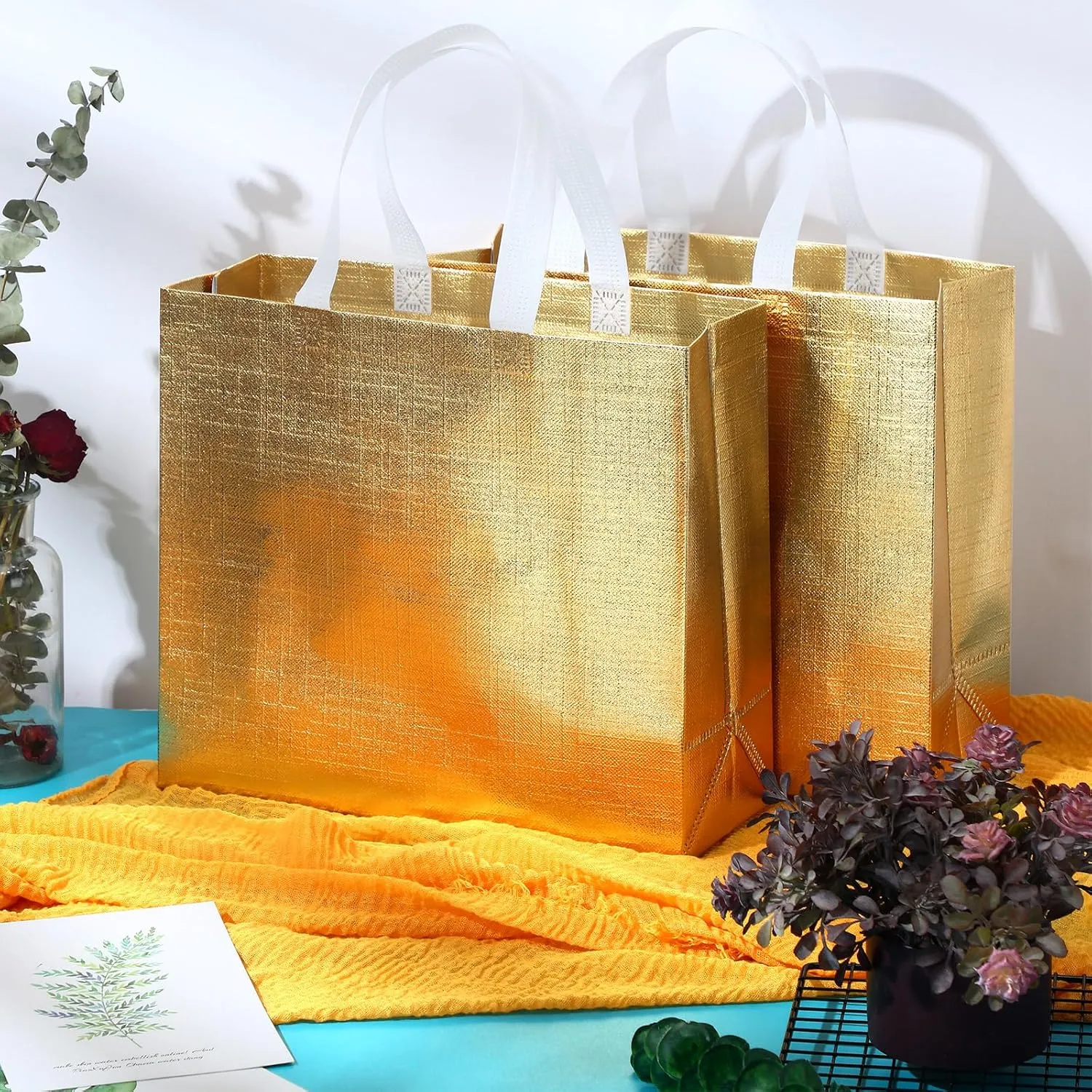 Eccliy 60 Pcs Reusable Gift Tote Bags Grocery Shopping Bag with Handles Thank You Gift Bags for Bridesmaid Wedding(Gold)