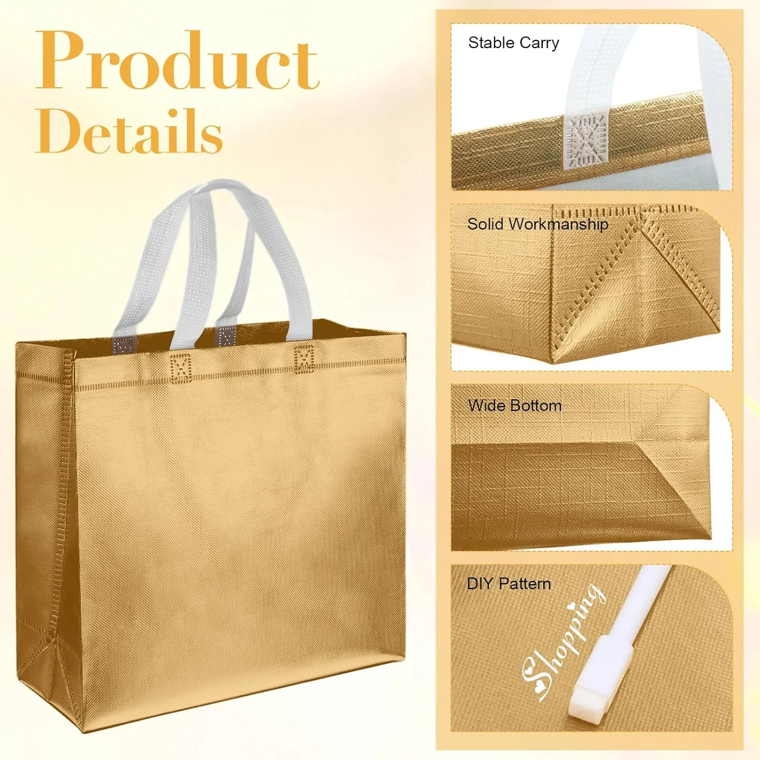 Eccliy 60 Pcs Reusable Gift Tote Bags Grocery Shopping Bag with Handles Thank You Gift Bags for Bridesmaid Wedding(Gold)
