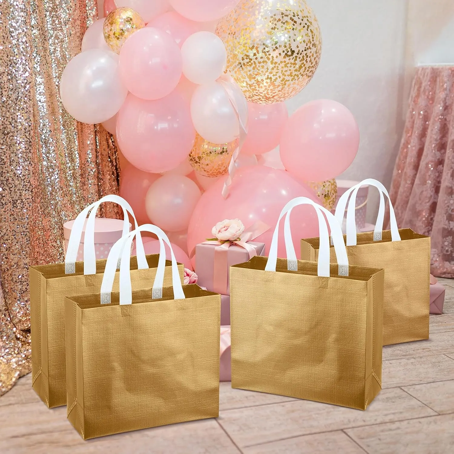 Eccliy 60 Pcs Reusable Gift Tote Bags Grocery Shopping Bag with Handles Thank You Gift Bags for Bridesmaid Wedding(Gold)