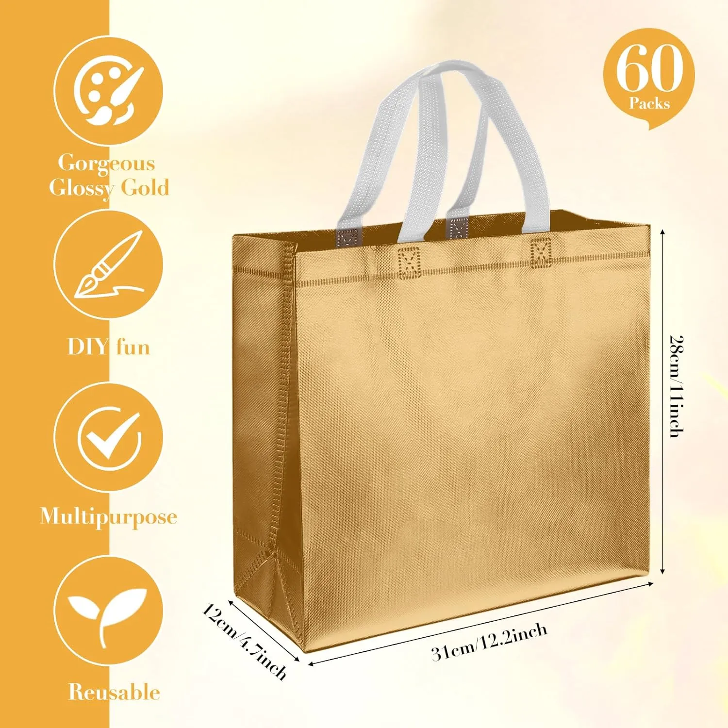 Eccliy 60 Pcs Reusable Gift Tote Bags Grocery Shopping Bag with Handles Thank You Gift Bags for Bridesmaid Wedding(Gold)