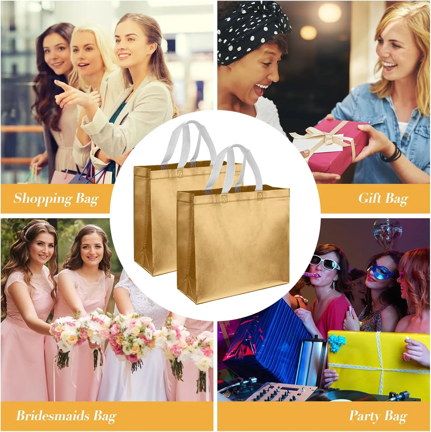 Eccliy 60 Pcs Reusable Gift Tote Bags Grocery Shopping Bag with Handles Thank You Gift Bags for Bridesmaid Wedding(Gold)