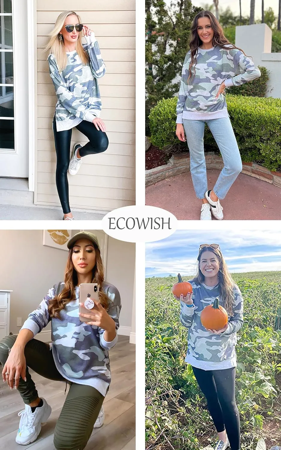 ECOWISH Women Side Split Sweatshirt: Fall Crewneck Long Sleeve Oversized Camo Shirts Casual Camouflage Print Pullover Tops