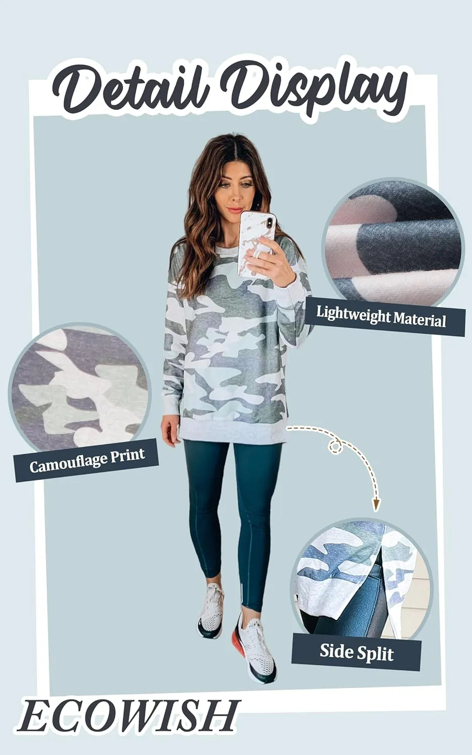 ECOWISH Women Side Split Sweatshirt: Fall Crewneck Long Sleeve Oversized Camo Shirts Casual Camouflage Print Pullover Tops