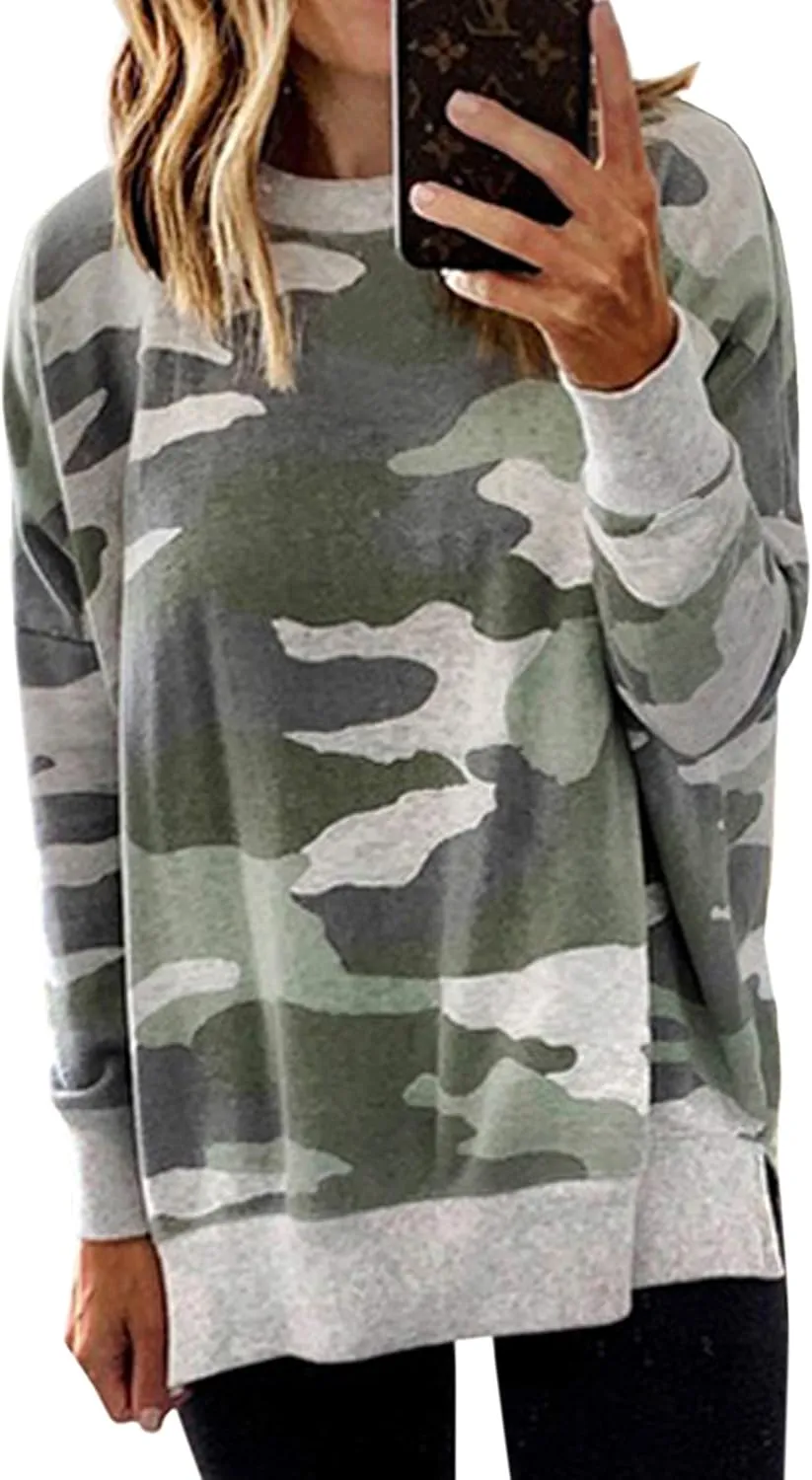 ECOWISH Women Side Split Sweatshirt: Fall Crewneck Long Sleeve Oversized Camo Shirts Casual Camouflage Print Pullover Tops