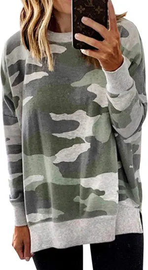 ECOWISH Women Side Split Sweatshirt: Fall Crewneck Long Sleeve Oversized Camo Shirts Casual Camouflage Print Pullover Tops