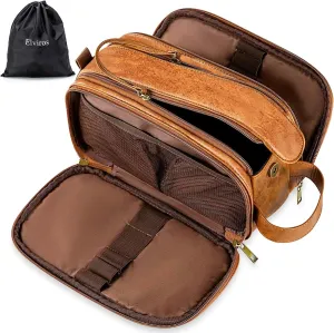 Elviros Toiletry Bag for Men, Large Travel Shaving Dopp Kit Water-resistant Bathroom Toiletries Organizer PU Leather Cosmetic Bags (Medium, Brown)