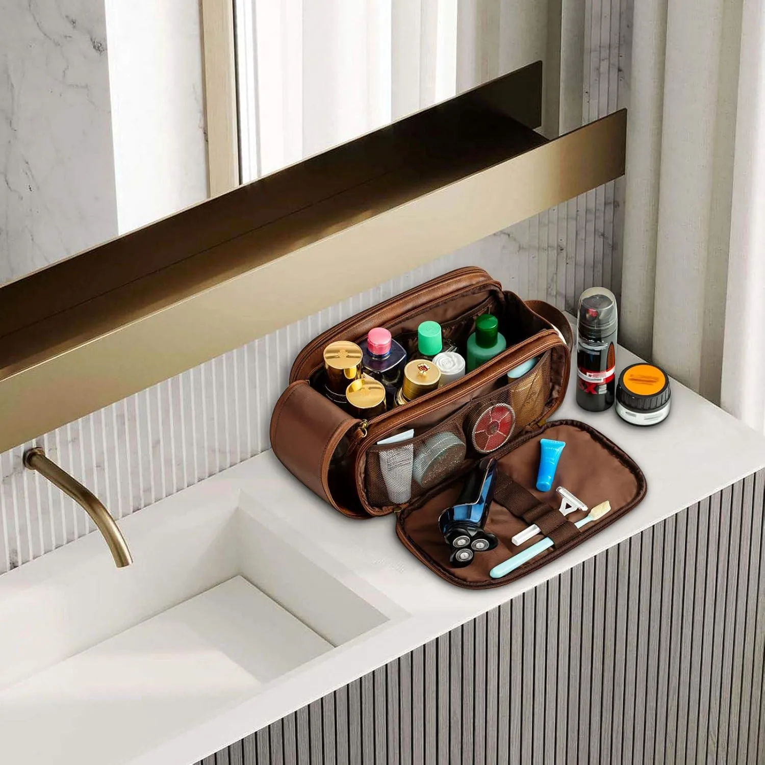 Elviros Toiletry Bag for Men, Large Travel Shaving Dopp Kit Water-resistant Bathroom Toiletries Organizer PU Leather Cosmetic Bags