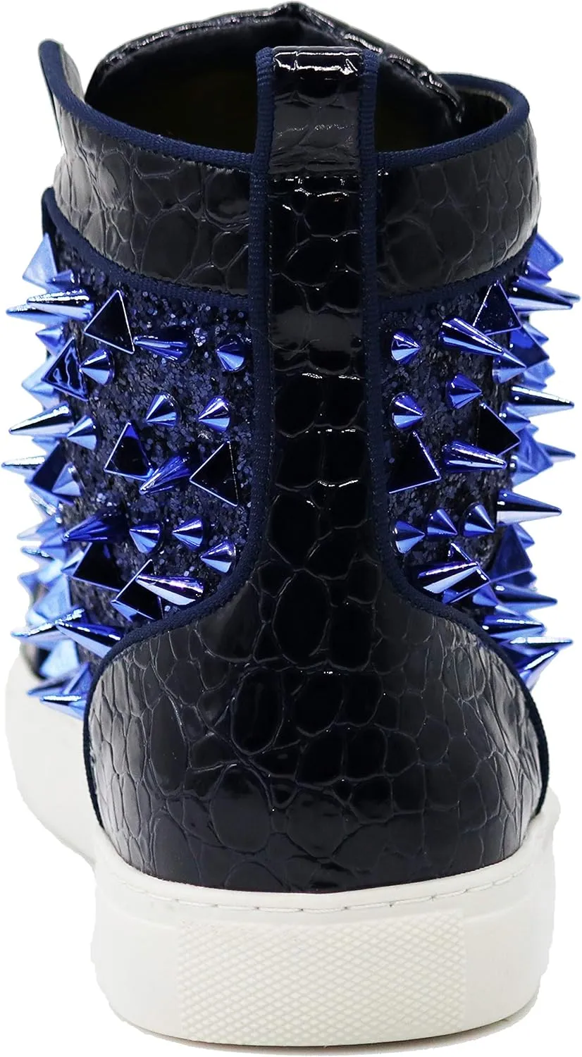Enzo Romeo Men's High Top Crystal Shimmer Rhinestone Blink Flat Spike Fashion Sneakers Shoes BUL2