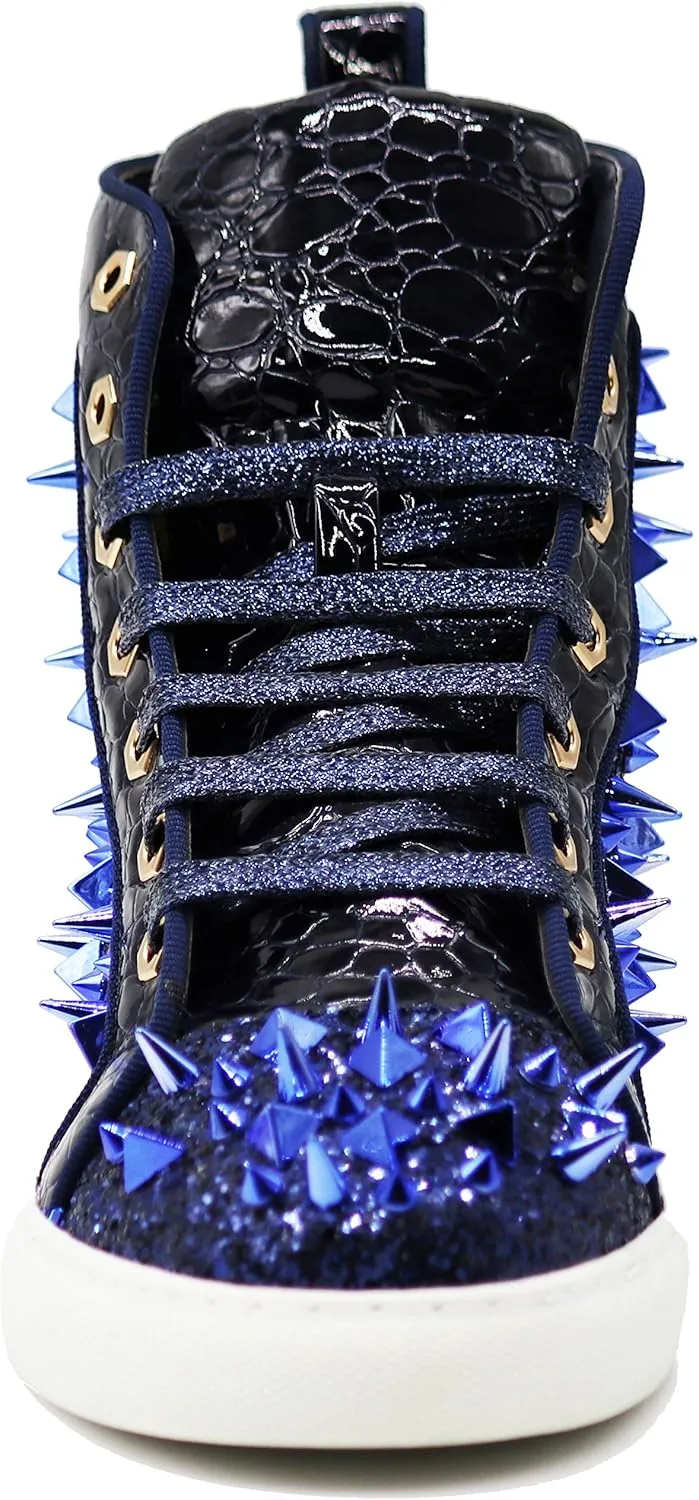 Enzo Romeo Men's High Top Crystal Shimmer Rhinestone Blink Flat Spike Fashion Sneakers Shoes BUL2