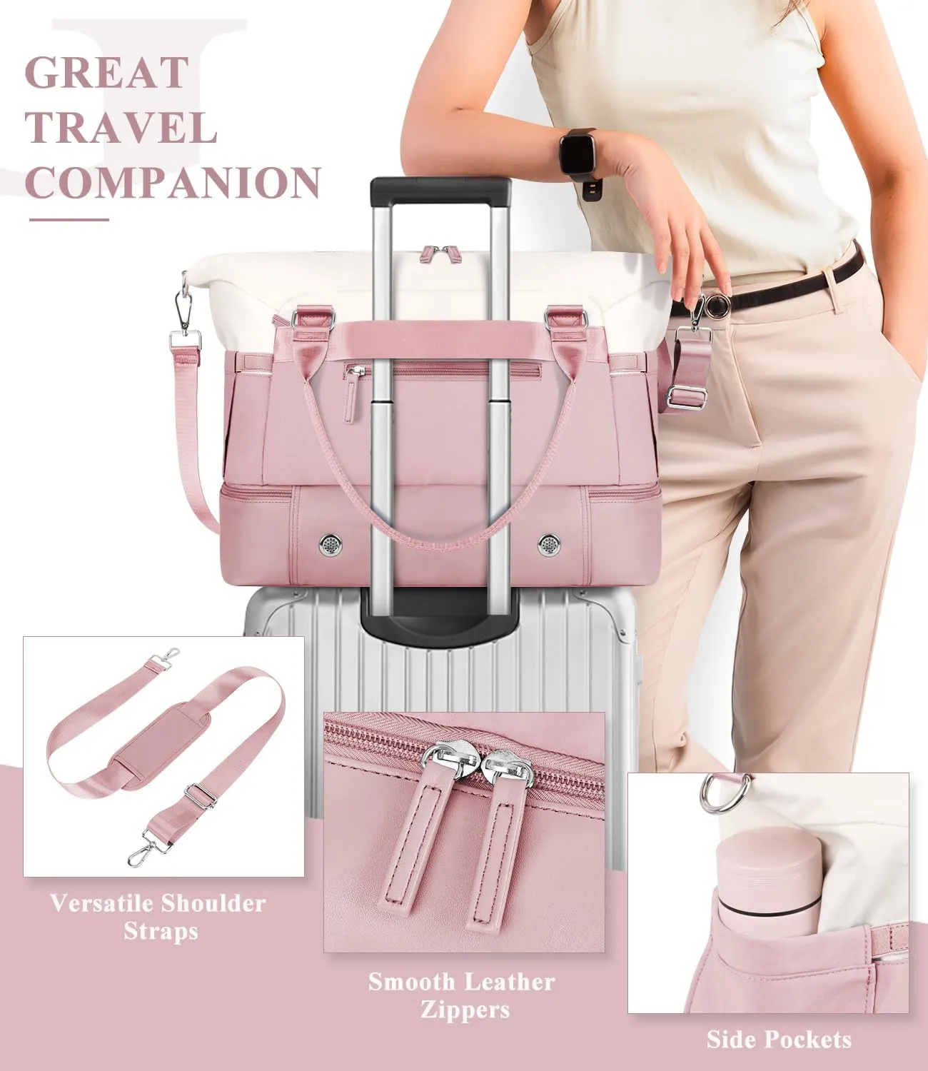 ETRONIK Weekender Bags for Women, Personal Item Travel Bag with Shoe Compartment, Carry On Overnight Bag with Toiletry Bag, Gym Bag with Wet Pocket, Duffel Bag for Travel, Sports, Hospital Pink&White