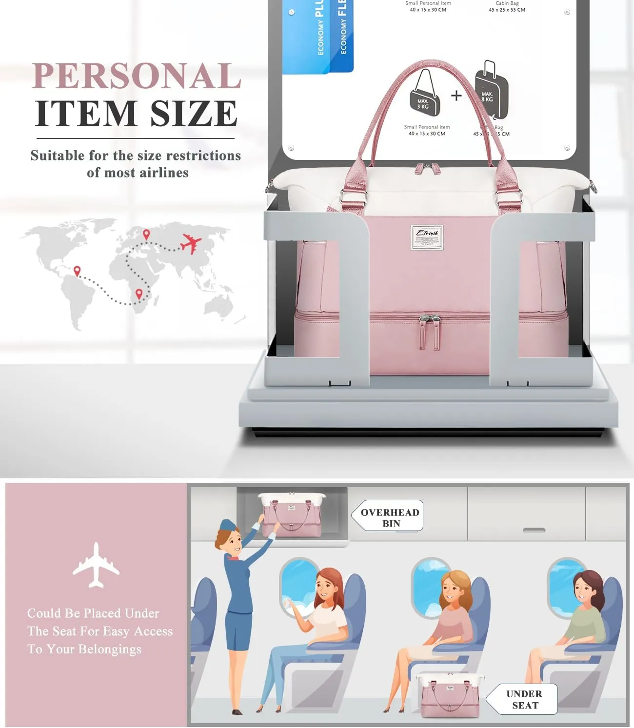 ETRONIK Weekender Bags for Women, Personal Item Travel Bag with Shoe Compartment, Carry On Overnight Bag with Toiletry Bag, Gym Bag with Wet Pocket, Duffel Bag for Travel, Sports, Hospital Pink&White