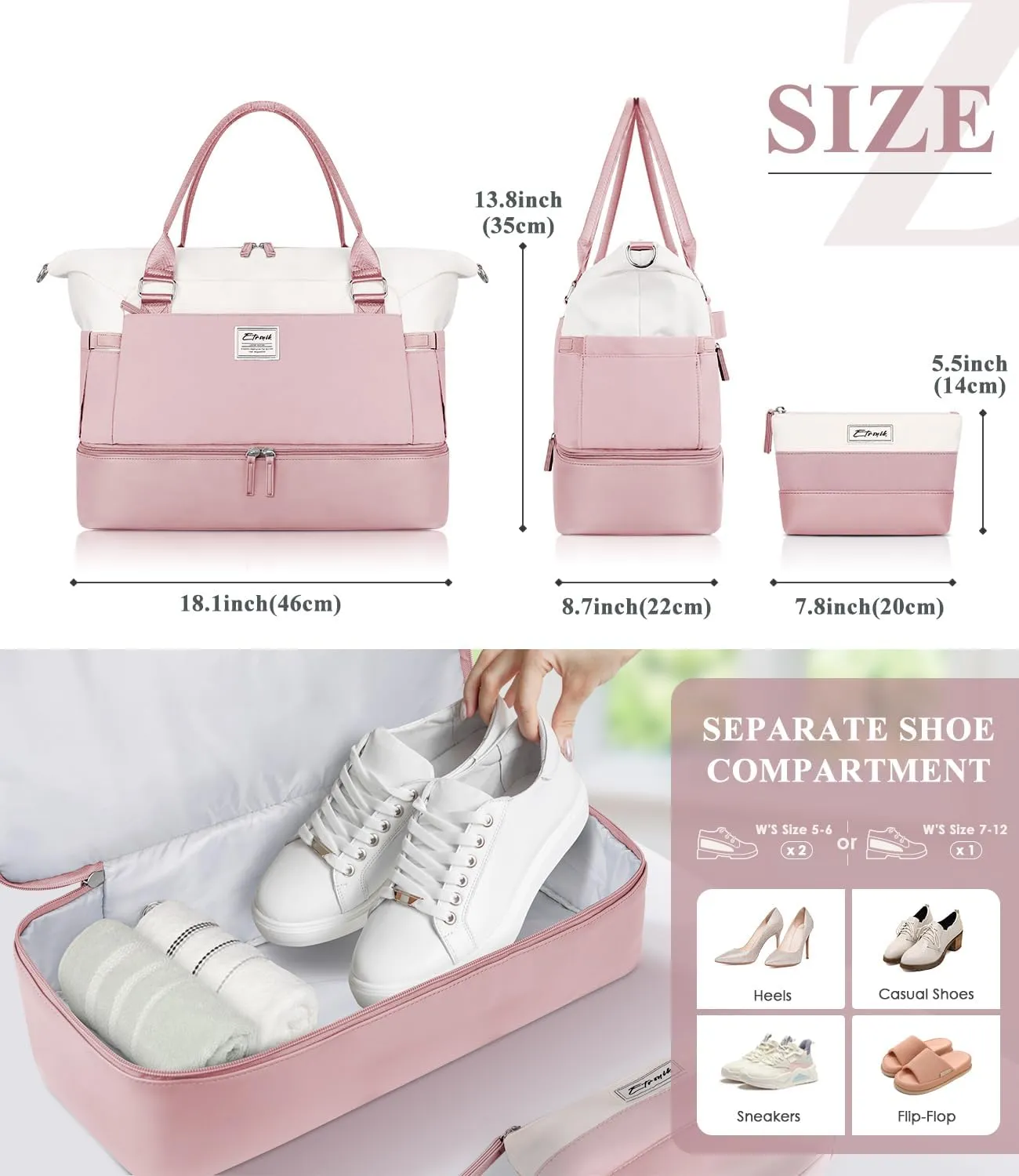 ETRONIK Weekender Bags for Women, Personal Item Travel Bag with Shoe Compartment, Carry On Overnight Bag with Toiletry Bag, Gym Bag with Wet Pocket, Duffel Bag for Travel, Sports, Hospital Pink&White