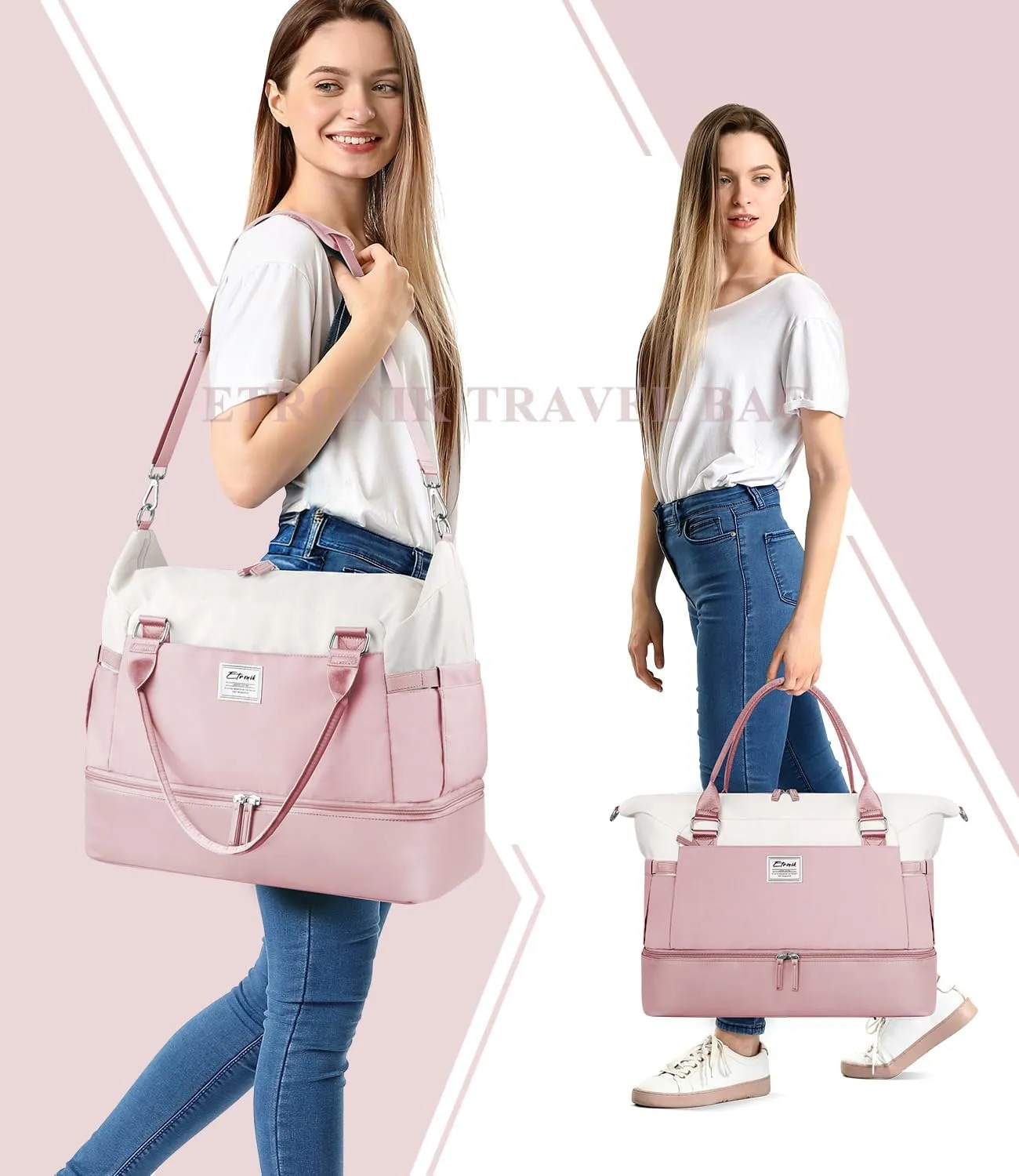 ETRONIK Weekender Bags for Women, Personal Item Travel Bag with Shoe Compartment, Carry On Overnight Bag with Toiletry Bag, Gym Bag with Wet Pocket, Duffel Bag for Travel, Sports, Hospital Pink&White