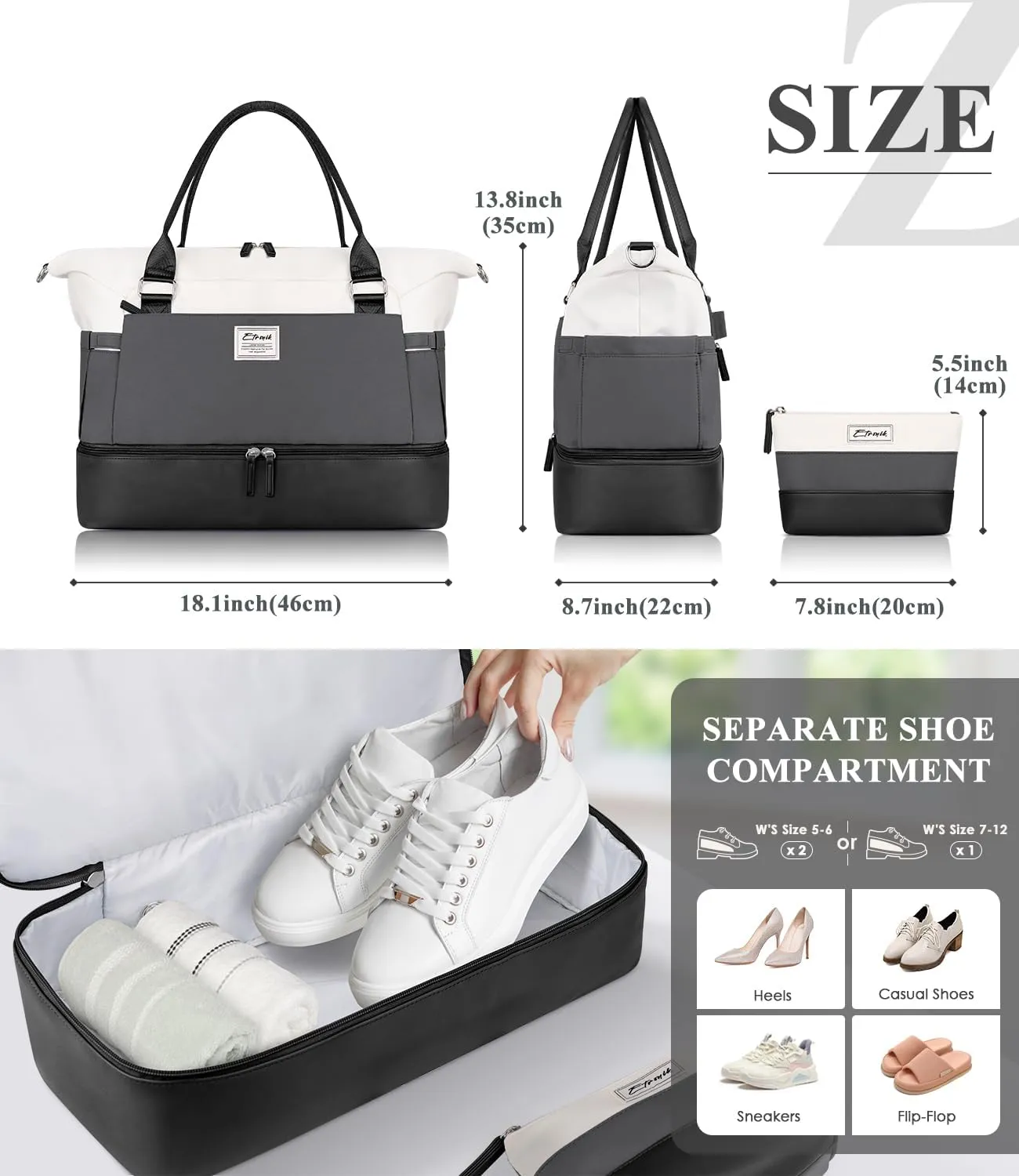 ETRONIK Weekender Bags for Women, Personal Item Travel Bag with Shoe Compartment, Carry On Overnight Bag with Toiletry Bag, Gym Duffel Bag with Wet Pocket for Travel, Sports, Hospital Black&Grey