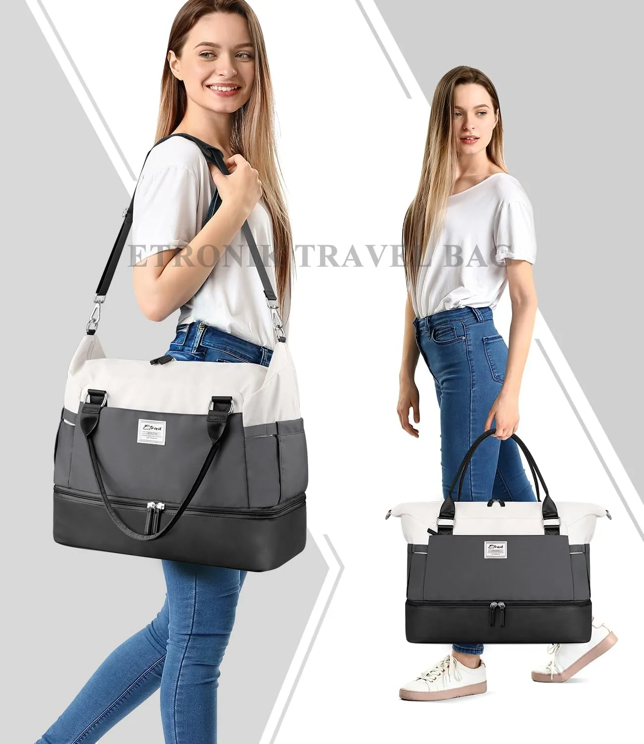 ETRONIK Weekender Bags for Women, Personal Item Travel Bag with Shoe Compartment, Carry On Overnight Bag with Toiletry Bag, Gym Duffel Bag with Wet Pocket for Travel, Sports, Hospital Black&Grey