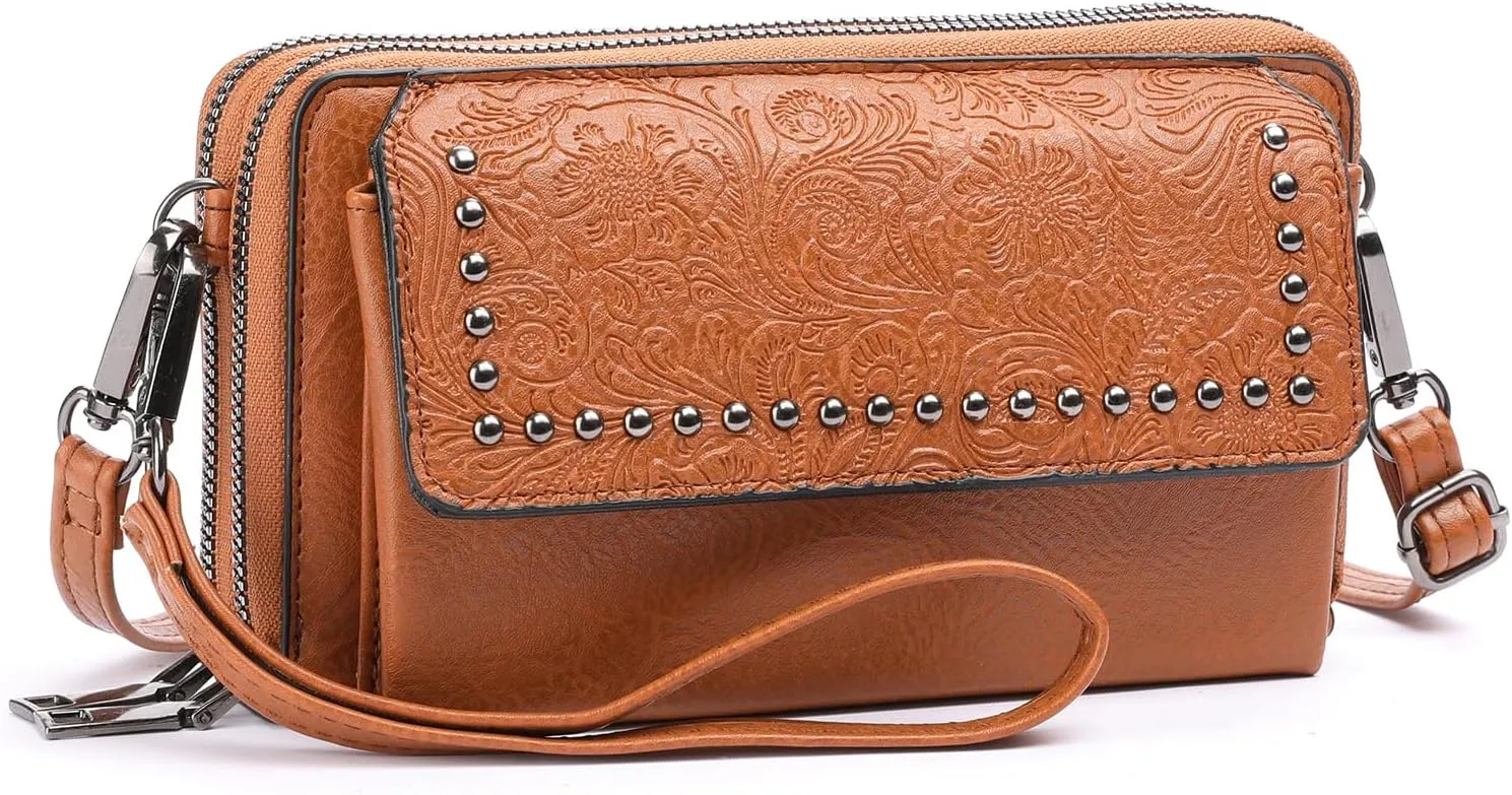 FALAN MULE Crossbody Bags for Women Small Leather Cell Phone Wallet Wristlet Purse with Zip Around 2 Strap