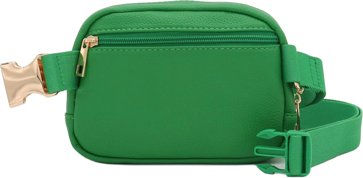 FashionPuzzle Light Weight Soft PU Pebbled Leather Everyday Sling Fanny Pack Belt Bag with Gold Metal Buckle (Kelly Green)