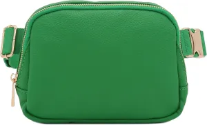 FashionPuzzle Light Weight Soft PU Pebbled Leather Everyday Sling Fanny Pack Belt Bag with Gold Metal Buckle (Kelly Green)