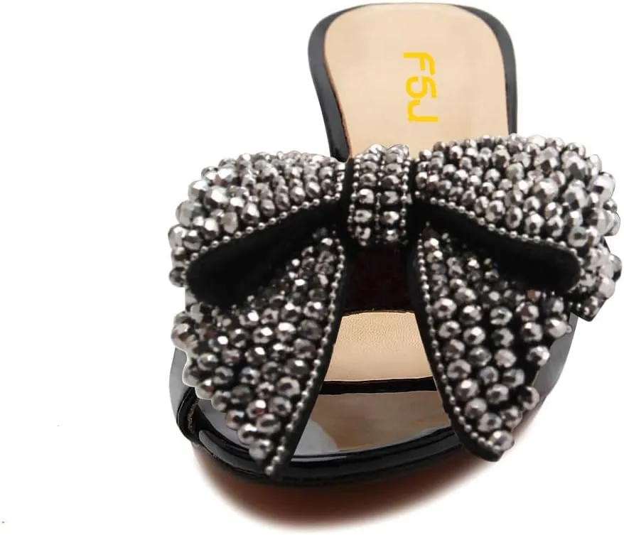 FSJ Women Rhinestone Bow Low Heel Mule Sandals Peep Toe Crystal Block Heel Slipper Shoes for Comfort Wedding Slides Size 4-16 US