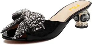 FSJ Women Rhinestone Bow Low Heel Mule Sandals Peep Toe Crystal Block Heel Slipper Shoes for Comfort Wedding Slides Size 4-16 US