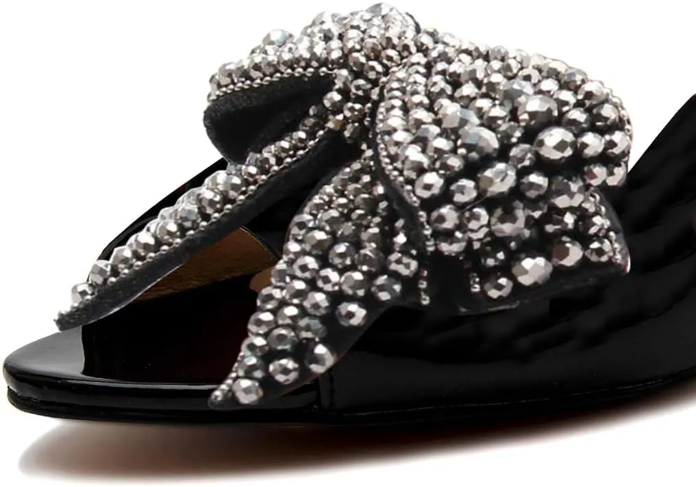 FSJ Women Rhinestone Bow Low Heel Mule Sandals Peep Toe Crystal Block Heel Slipper Shoes for Comfort Wedding Slides Size 4-16 US