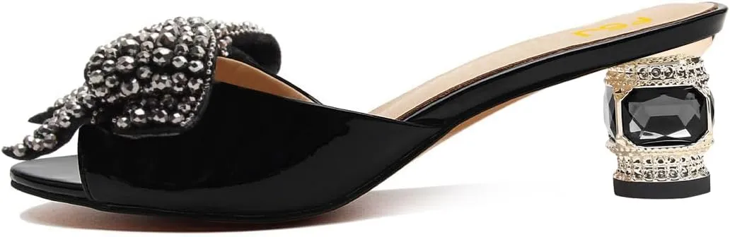 FSJ Women Rhinestone Bow Low Heel Mule Sandals Peep Toe Crystal Block Heel Slipper Shoes for Comfort Wedding Slides Size 4-16 US