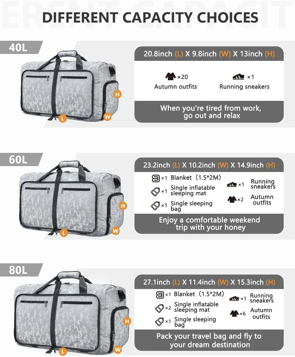 Gonex 40L 60L 80L 100L 150L Large Foldable Travel Duffle Bag with Shoes Compartment, Packable Lightweight Water Repellent Duffel Bag for Camping Gym Weekender Bag