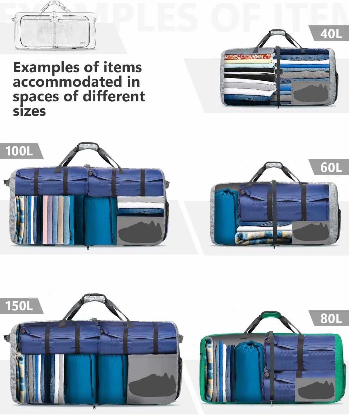 Gonex 40L 60L 80L 100L 150L Large Foldable Travel Duffle Bag with Shoes Compartment, Packable Lightweight Water Repellent Duffel Bag for Camping Gym Weekender Bag
