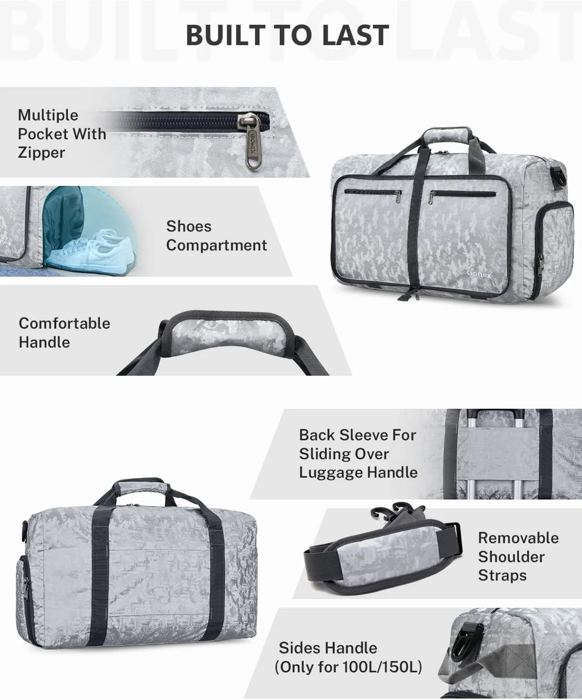 Gonex 40L 60L 80L 100L 150L Large Foldable Travel Duffle Bag with Shoes Compartment, Packable Lightweight Water Repellent Duffel Bag for Camping Gym Weekender Bag