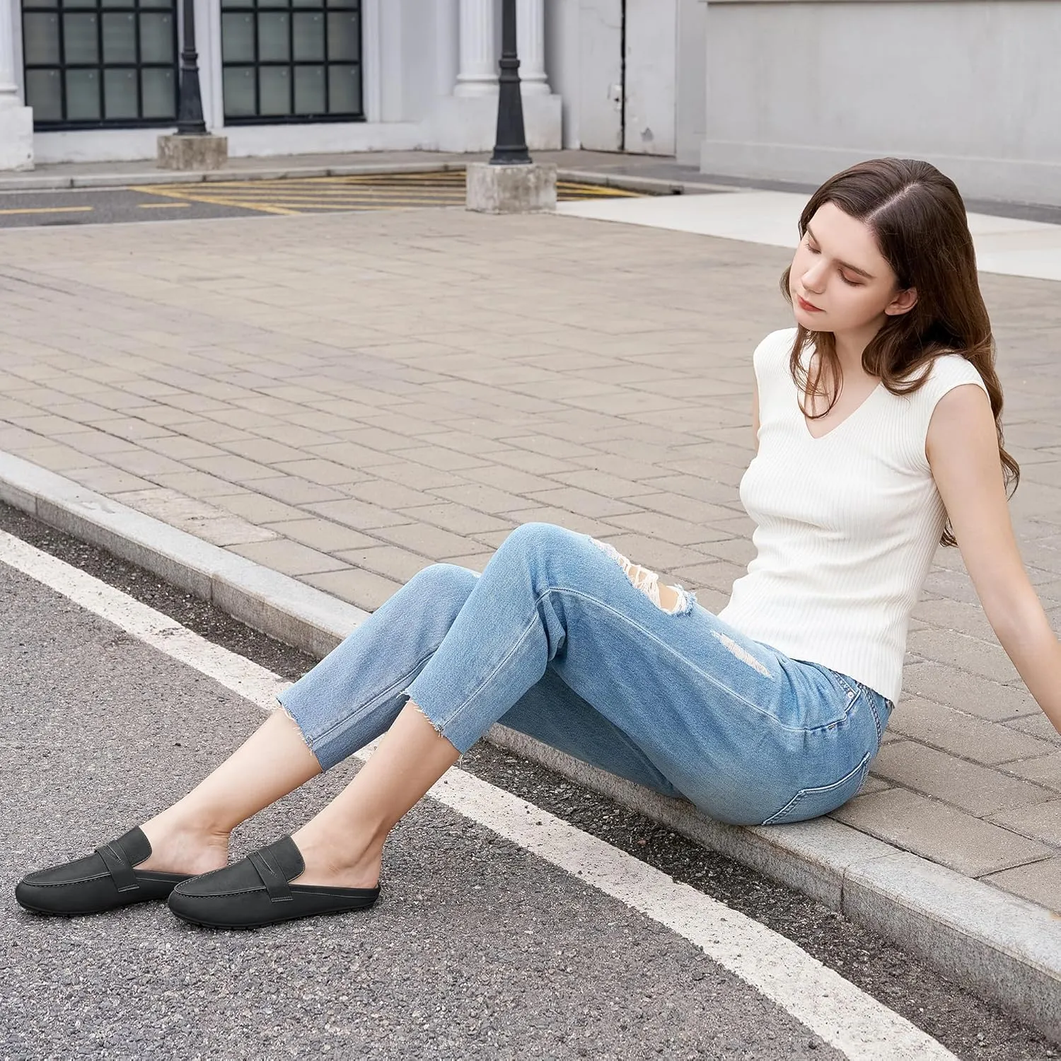 HARENCE Mules for Women Flats Shoes: Comfortable Dressy Round Toe Backless Mule Slides Casual Walking Slip On Work Loafers