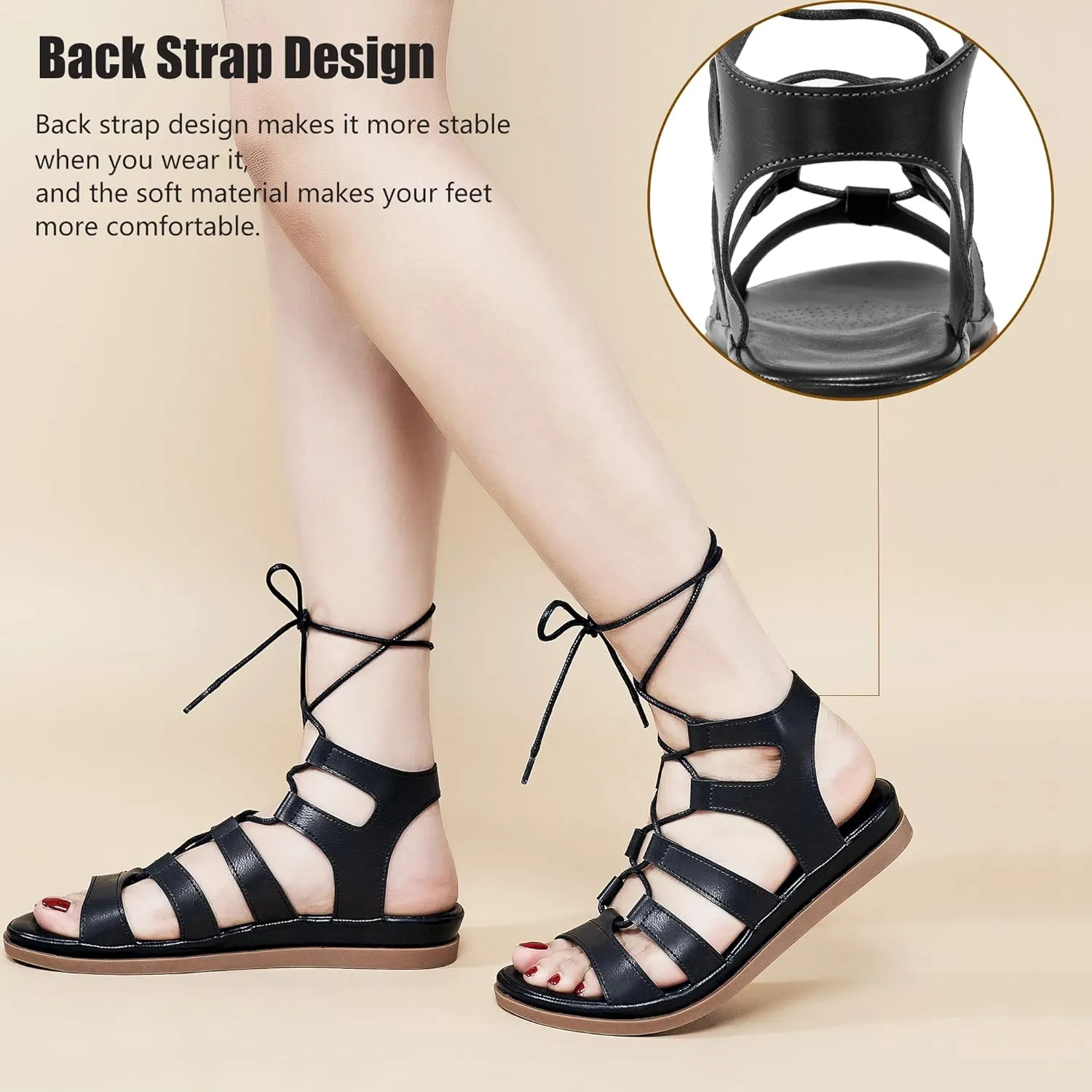 HARENCE Sandals for Women Summer Flats: Comfortable Cross Strap Gladiator Flat Shoes Casual Dressy Non Slip Beach Sandals
