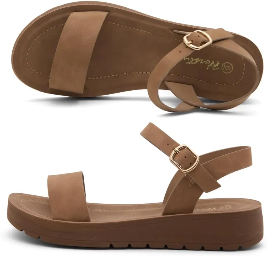 Herstyle MARINNA Women's Flat Sandals, Open Toe Single Band Ankle Strap Buckled Casual Flat Sandals with Cushioned Footbed for Walking and Summer Wear