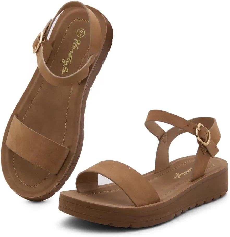Herstyle MARINNA Women's Flat Sandals, Open Toe Single Band Ankle Strap Buckled Casual Flat Sandals with Cushioned Footbed for Walking and Summer Wear