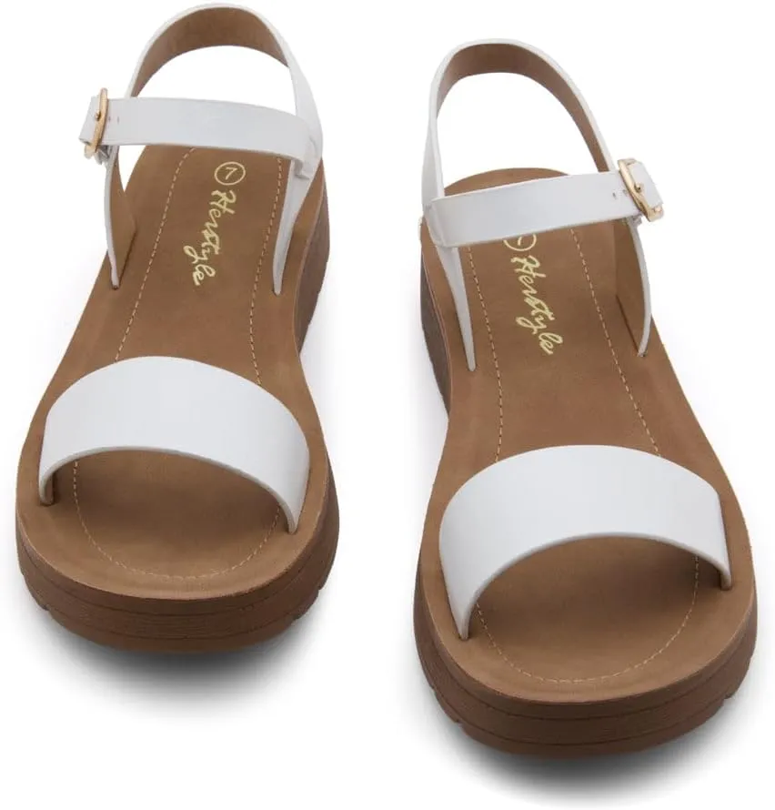 Herstyle MARINNA Women's Flat Sandals, Open Toe Single Band Ankle Strap Buckled Casual Flat Sandals with Cushioned Footbed for Walking and Summer Wear