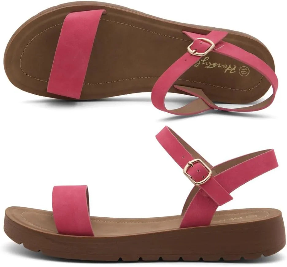 Herstyle MARINNA Women's Flat Sandals, Open Toe Single Band Ankle Strap Buckled Casual Flat Sandals with Cushioned Footbed for Walking and Summer Wear