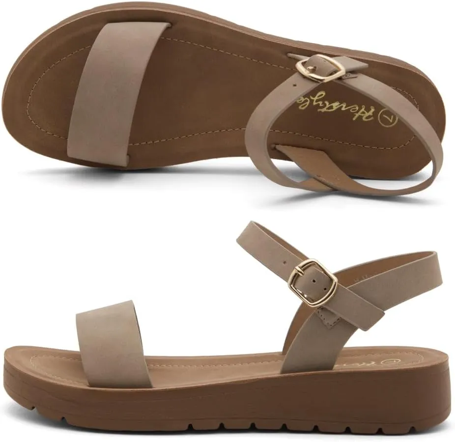 Herstyle MARINNA Women's Flat Sandals, Open Toe Single Band Ankle Strap Buckled Casual Flat Sandals with Cushioned Footbed for Walking and Summer Wear